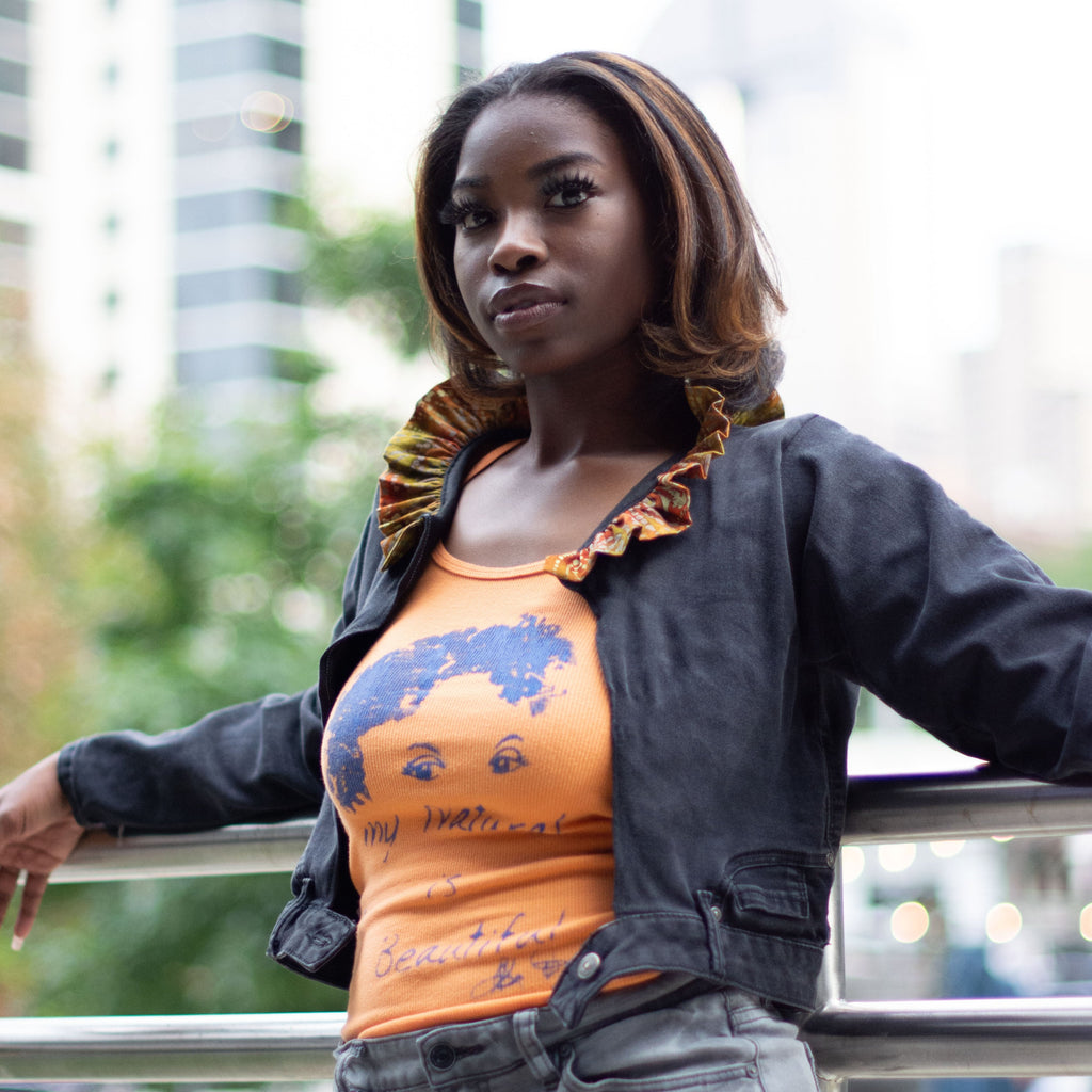 Black Jeans  Repurposed to Jacket with Ruffle Collar