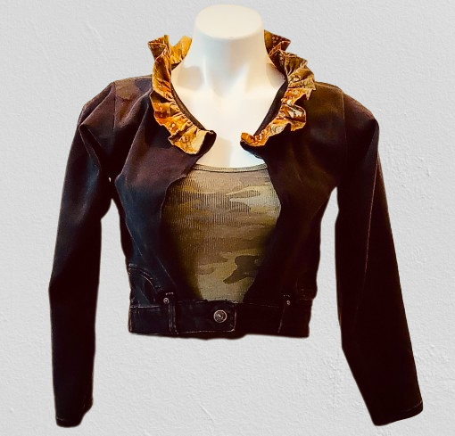 Black Jeans  Repurposed to Jacket with Ruffle Collar